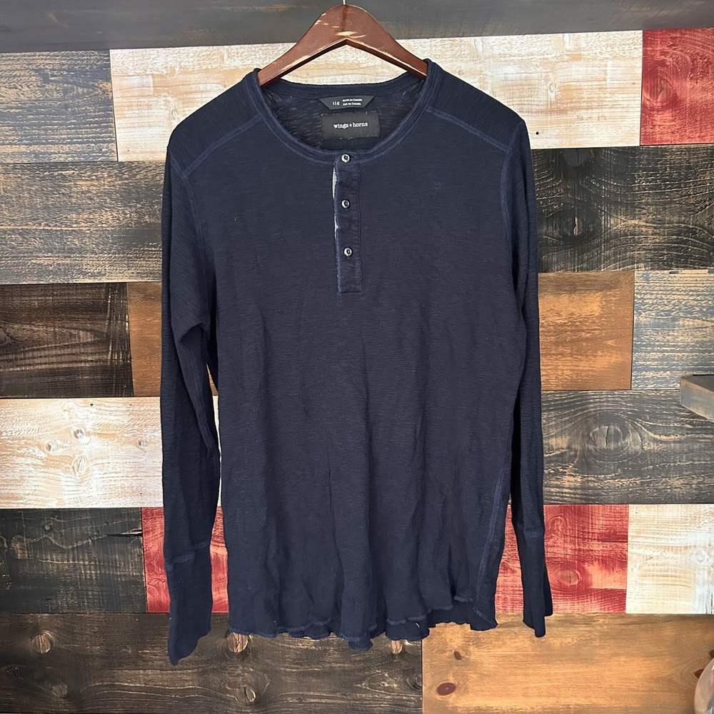 Wings+Horns 1x1 Slub Long Sleeve Navy Henley Shirt Mens Large